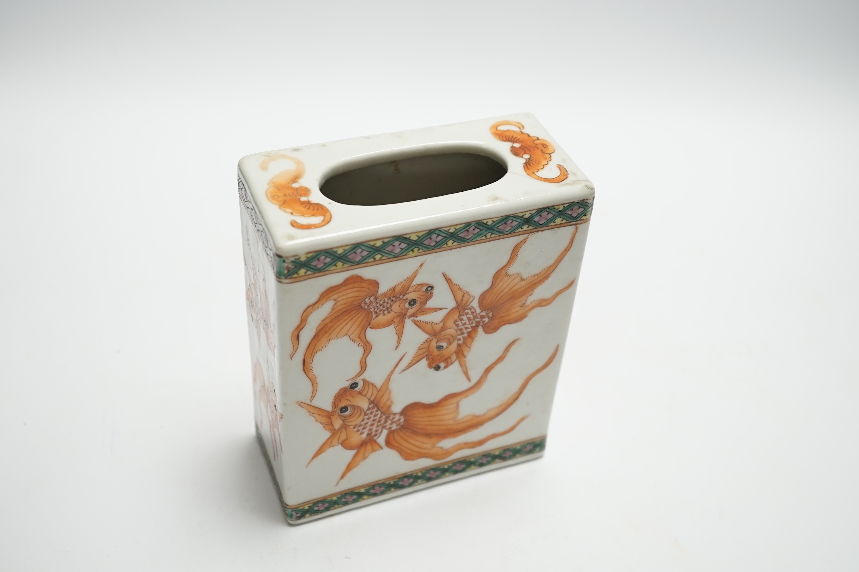 A late 19th century Chinese porcelain pillow, with goldfish decoration, 15cm